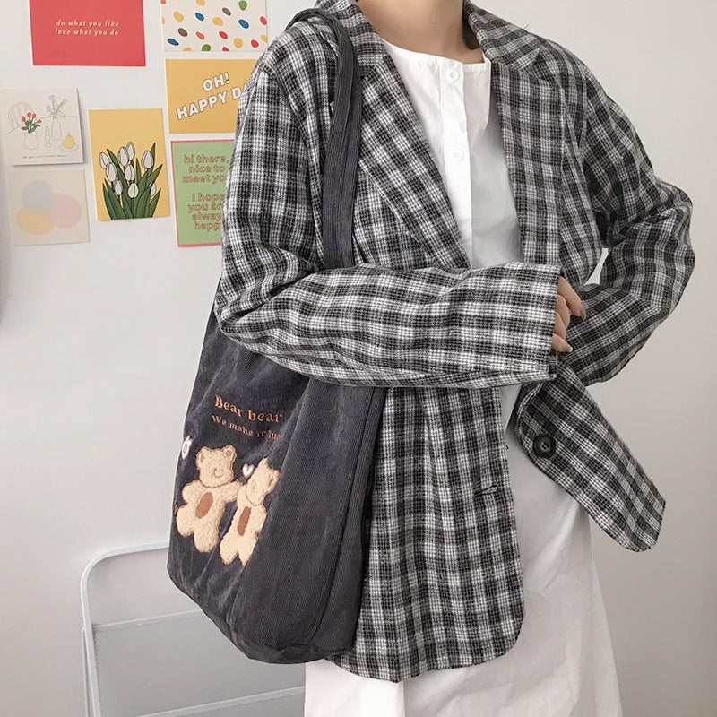 Corduroy One-Shoulder Canvas Bag Wild Bear Embroidery Bag