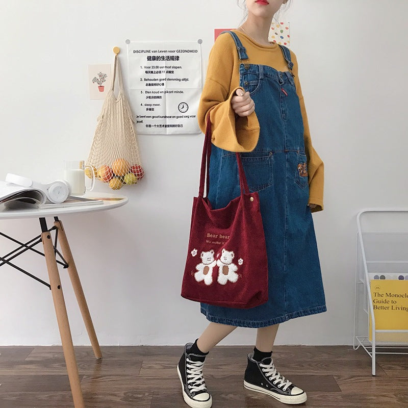 Corduroy One-Shoulder Canvas Bag Wild Bear Embroidery Bag