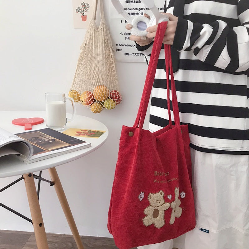 Corduroy One-Shoulder Canvas Bag Wild Bear Embroidery Bag