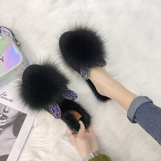 Home Furry Flat Bottom Half Drag Slippers Women