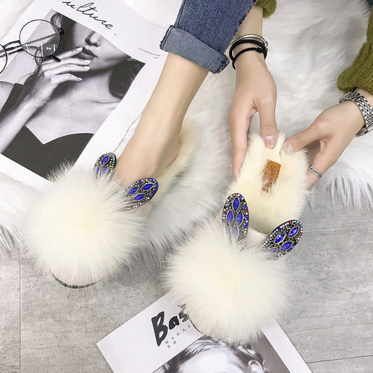 Home Furry Flat Bottom Half Drag Slippers Women