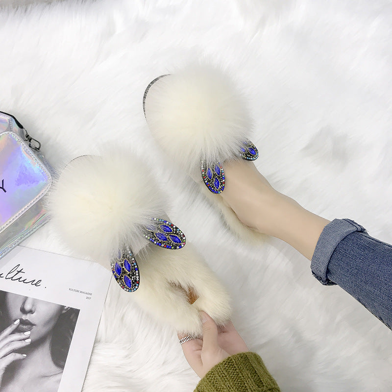 Home Furry Flat Bottom Half Drag Slippers Women