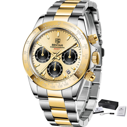 Men'S Quartz Watch Trendy Casual Three-Eye Six-Hand Small Dial Butterfly Double Snap Button
