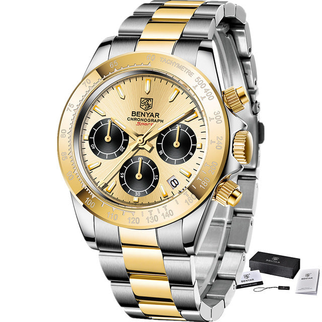 Men'S Quartz Watch Trendy Casual Three-Eye Six-Hand Small Dial Butterfly Double Snap Button