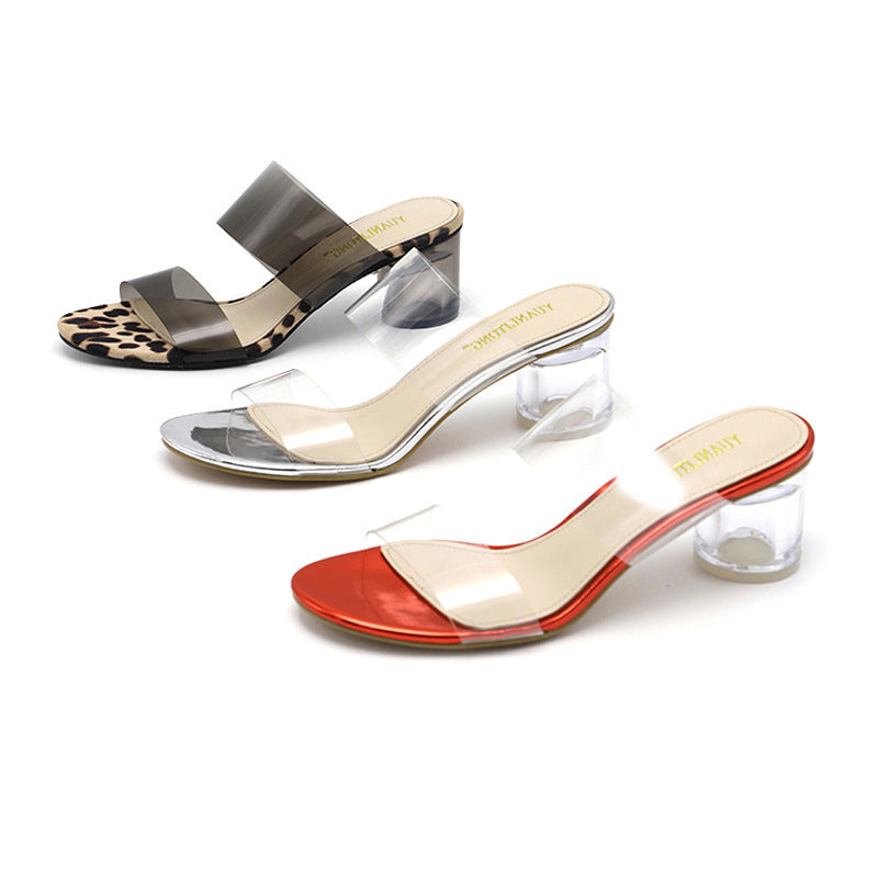Glass High Heel Fashion Sandals Feminine Leopard Print Young Fashion Transparent Toe Thick Heel Women'S Shoes