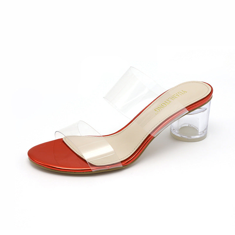 Glass High Heel Fashion Sandals Feminine Leopard Print Young Fashion Transparent Toe Thick Heel Women'S Shoes