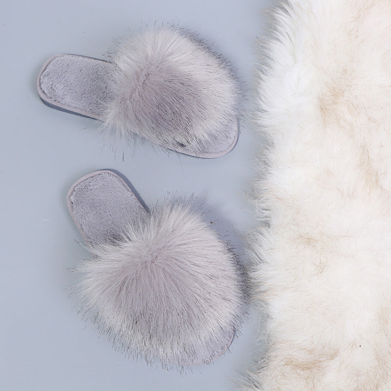 Solid Color One-Word Plush Slippers Women Winter Home Interior Floor Mopping Flat Bottom To Keep Warm Open-Toed Plush Slippers