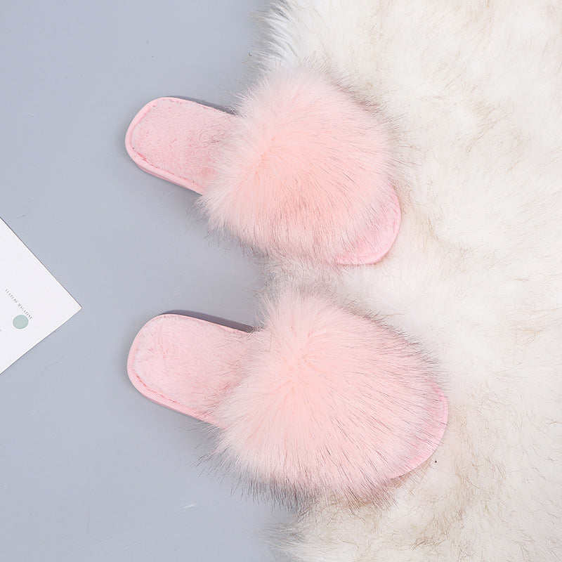 Solid Color One-Word Plush Slippers Women Winter Home Interior Floor Mopping Flat Bottom To Keep Warm Open-Toed Plush Slippers