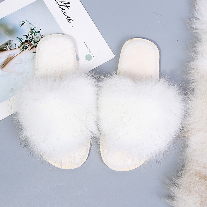 Solid Color One-Word Plush Slippers Women Winter Home Interior Floor Mopping Flat Bottom To Keep Warm Open-Toed Plush Slippers