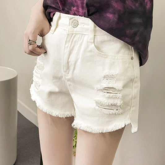 Wubi Crab With Cotton Ripped Holes High Waist Wide Leg Denim Shorts Women Loose Students All-Match Hot Pants