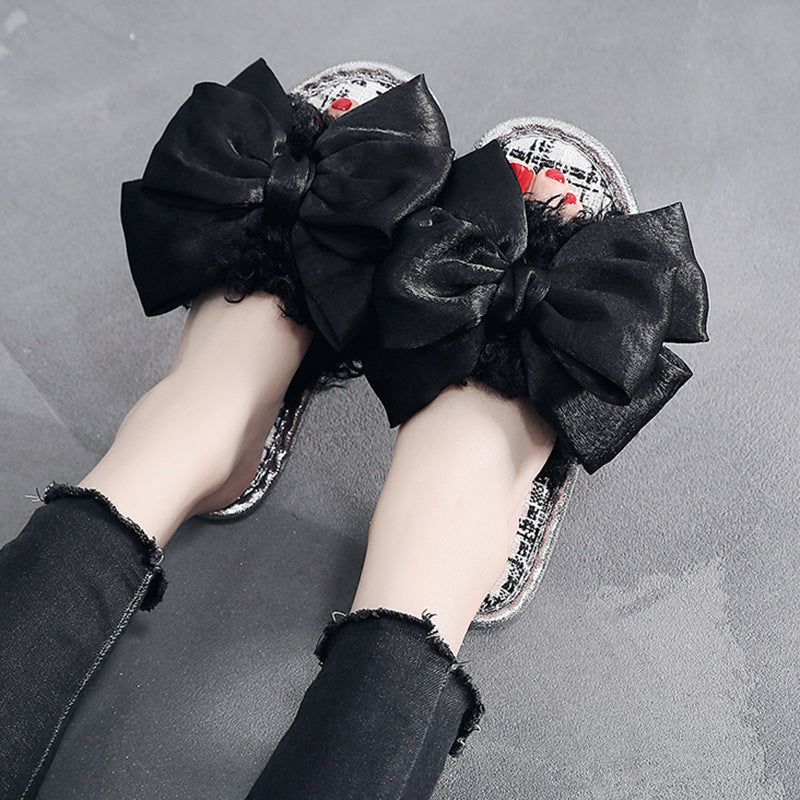 Designer'S Small Curly Curly Hair Super Large Bow Plush Flip Flop Can Wear Flat Bottom Fashion Slippers