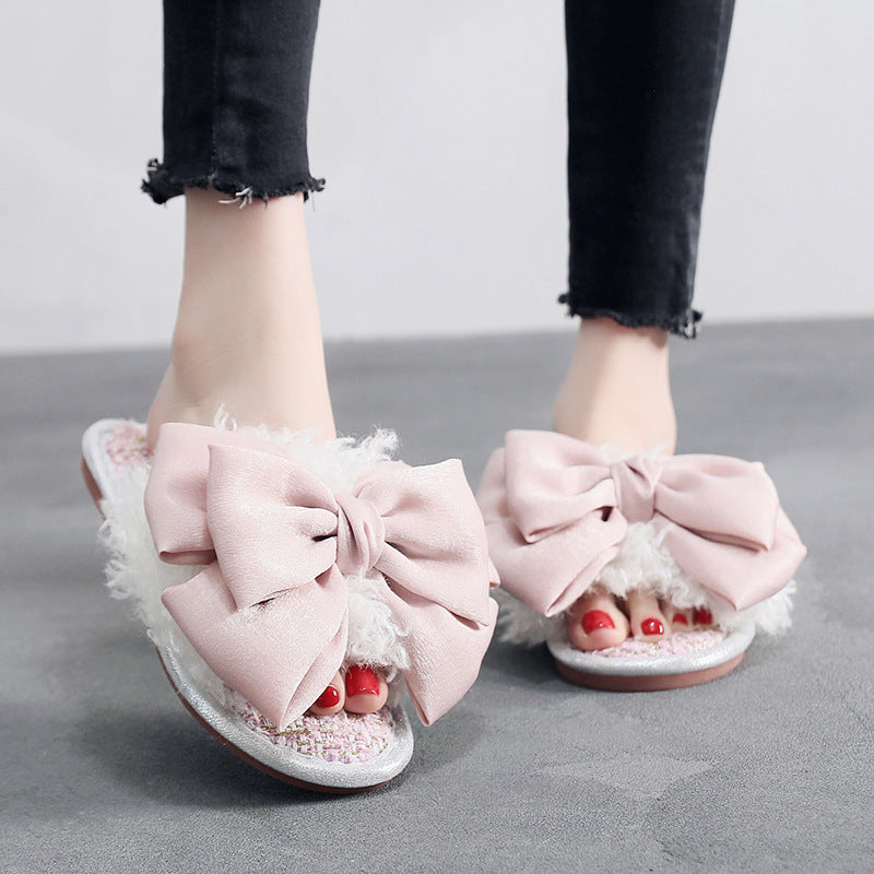 Designer'S Small Curly Curly Hair Super Large Bow Plush Flip Flop Can Wear Flat Bottom Fashion Slippers