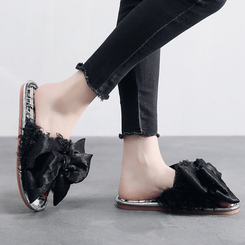 Designer'S Small Curly Curly Hair Super Large Bow Plush Flip Flop Can Wear Flat Bottom Fashion Slippers
