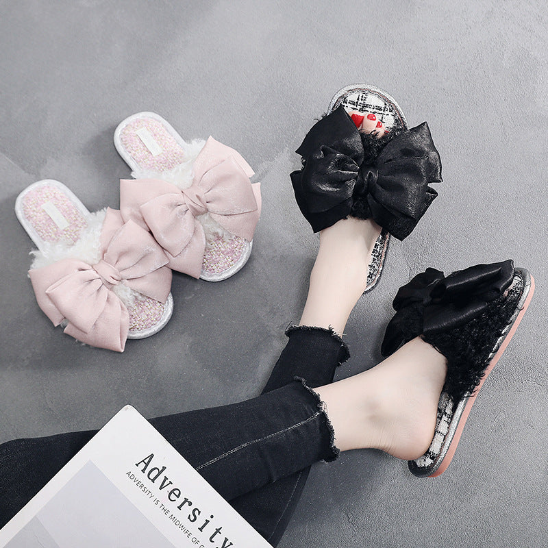 Designer'S Small Curly Curly Hair Super Large Bow Plush Flip Flop Can Wear Flat Bottom Fashion Slippers