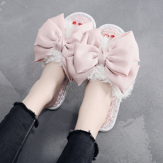 Designer'S Small Curly Curly Hair Super Large Bow Plush Flip Flop Can Wear Flat Bottom Fashion Slippers