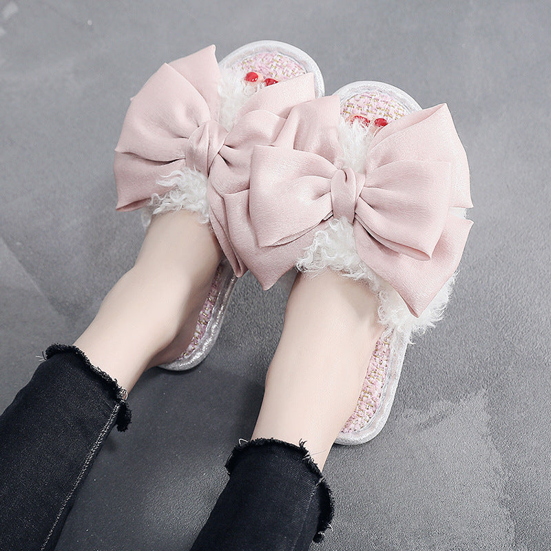 Designer'S Small Curly Curly Hair Super Large Bow Plush Flip Flop Can Wear Flat Bottom Fashion Slippers