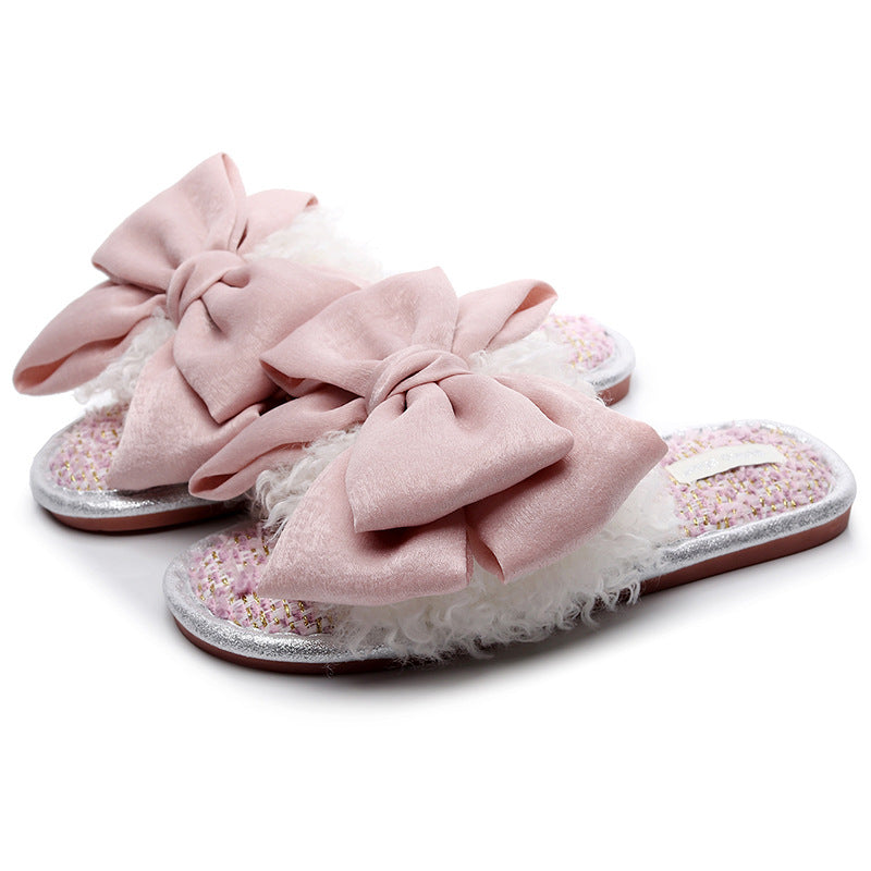 Designer'S Small Curly Curly Hair Super Large Bow Plush Flip Flop Can Wear Flat Bottom Fashion Slippers