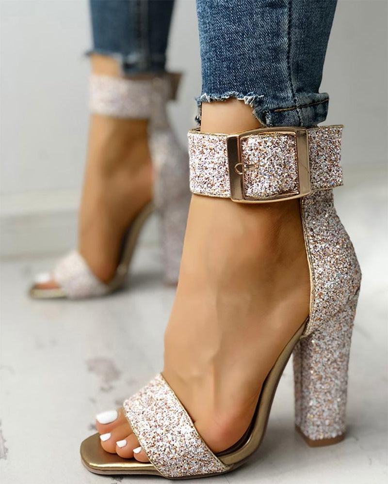 European And American Sequined Ankle Buckle  Toe High Thick Heel