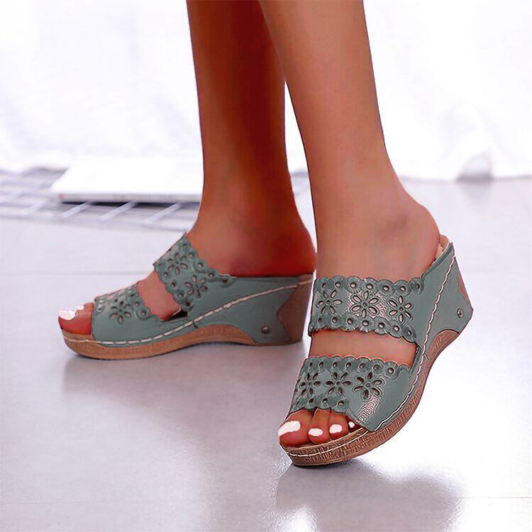European And American Platform Wedge Embroidered Hollow Half Slippers