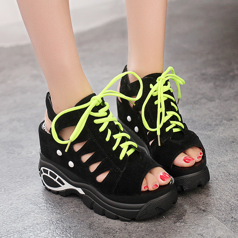 Women'S Sandals Summer Fashion Slope With Super High-Heeled Sponge Cake Thick-Soled Fish Mouth Roman Hollow Sandals