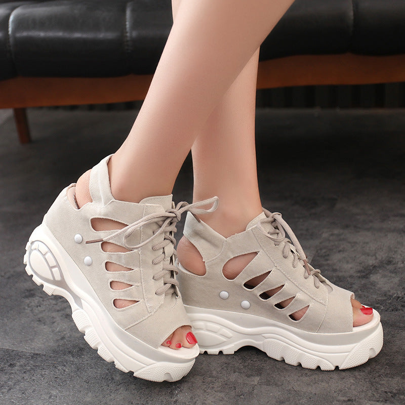 Women'S Sandals Summer Fashion Slope With Super High-Heeled Sponge Cake Thick-Soled Fish Mouth Roman Hollow Sandals