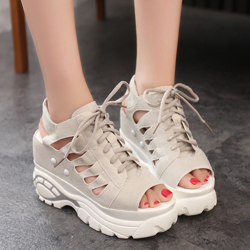 Women'S Sandals Summer Fashion Slope With Super High-Heeled Sponge Cake Thick-Soled Fish Mouth Roman Hollow Sandals
