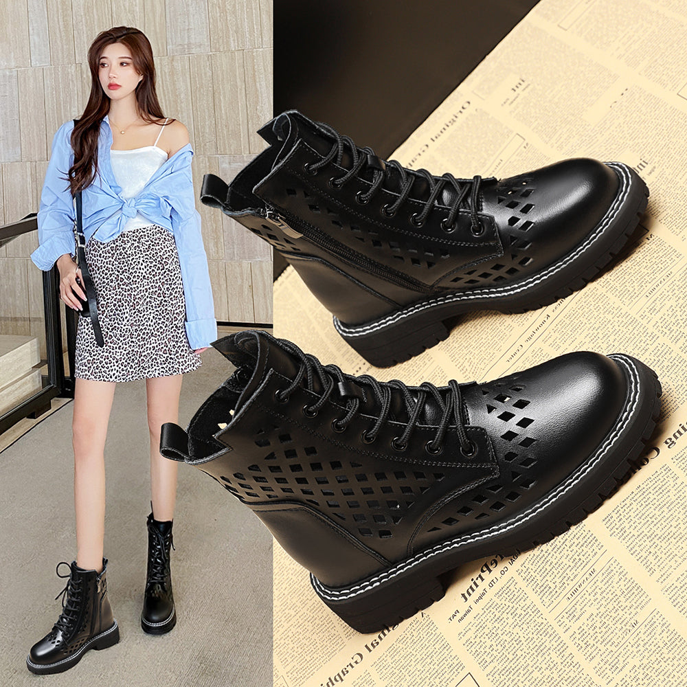 Internally Increased Hollow Martin Boots Female New Spring And Autumn Single Boots Summer Thin Breathable Wild Mesh Short Boots