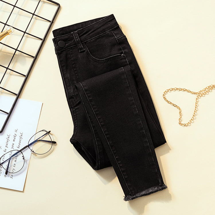 Smoke Gray Jeans High Waist Stretch Slimming Net Red Raw Trim Cropped Trousers