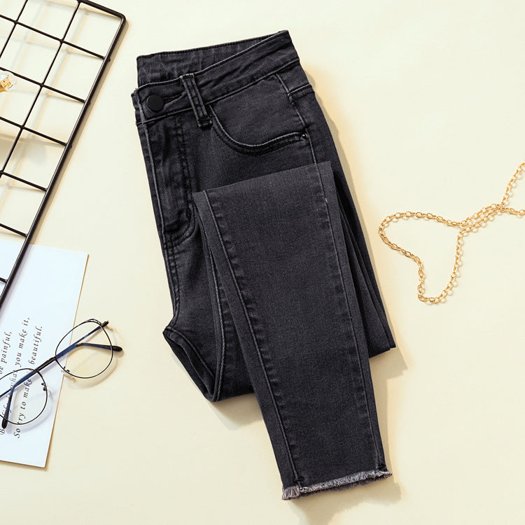 Smoke Gray Jeans High Waist Stretch Slimming Net Red Raw Trim Cropped Trousers