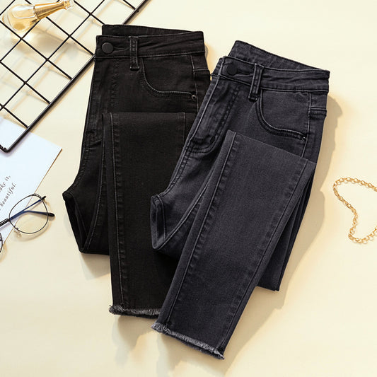 Smoke Gray Jeans High Waist Stretch Slimming Net Red Raw Trim Cropped Trousers