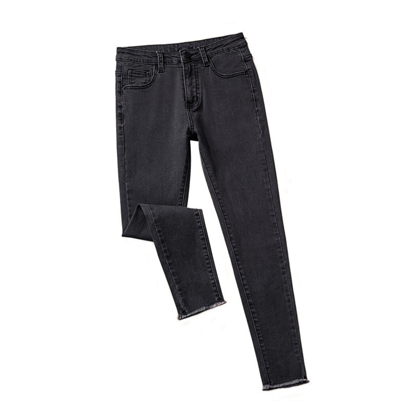 Smoke Gray Jeans High Waist Stretch Slimming Net Red Raw Trim Cropped Trousers