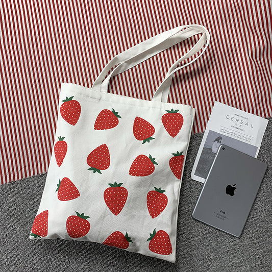 Large Capacity Strawberry Print Canvas Bag