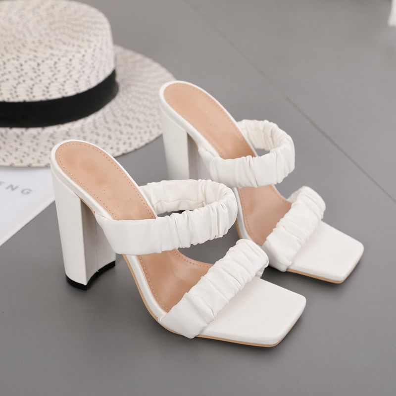 New Women's Shoes With Folds, Thick High-heeled Square Toe And Sandals And Slippers