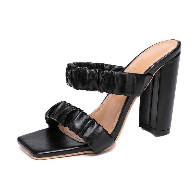 New Women's Shoes With Folds, Thick High-heeled Square Toe And Sandals And Slippers