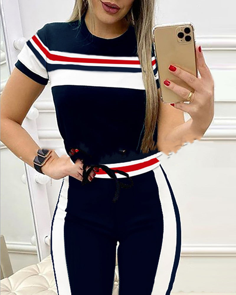 Colorblock Check Stripe Short Sleeve Tape Top And Drawstring Pants Set