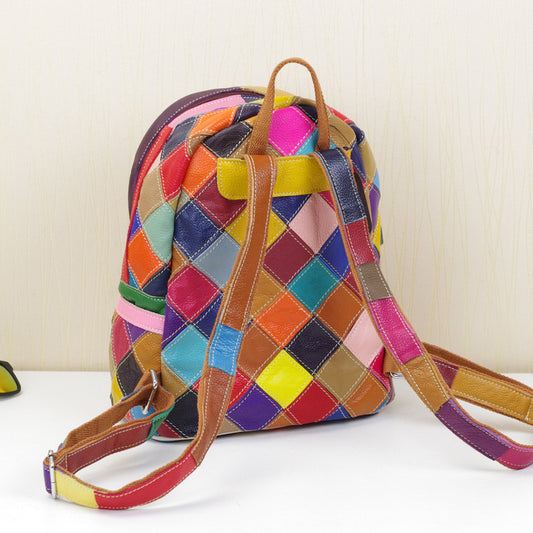 One Generation Of Leather Handbags, New First Layer Cowhide Handmade Contrast Color Backpack Ladies Backpack