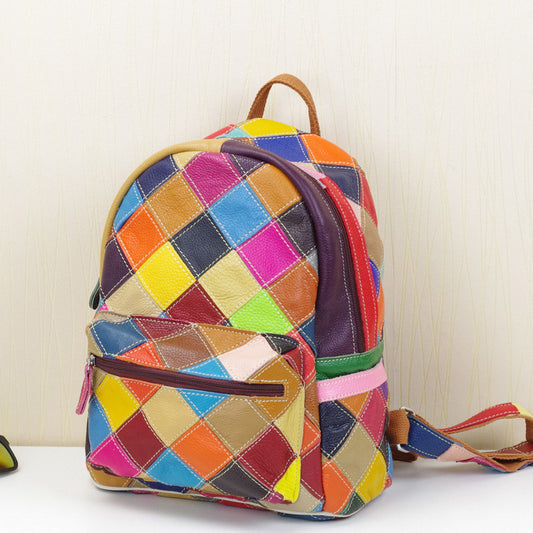 One Generation Of Leather Handbags, New First Layer Cowhide Handmade Contrast Color Backpack Ladies Backpack