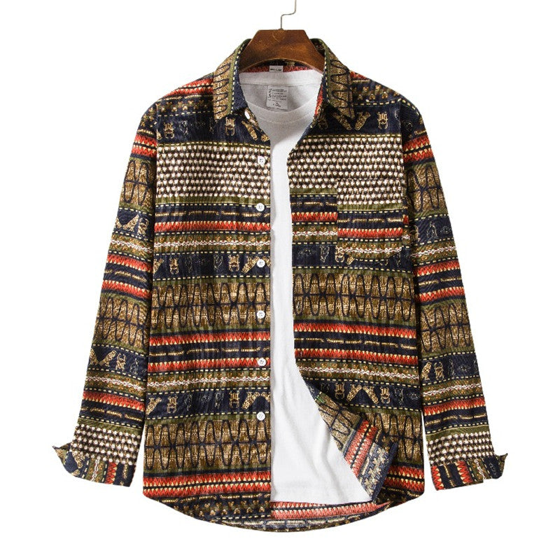 Corduroy Shirt Ethnic Print Lapel Men's Long-sleeved Shirt