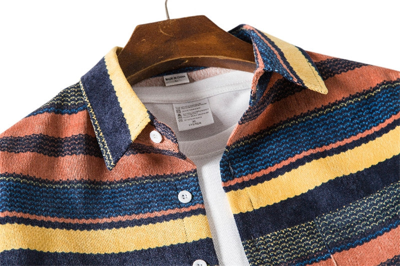Corduroy Shirt Ethnic Print Lapel Men's Long-sleeved Shirt