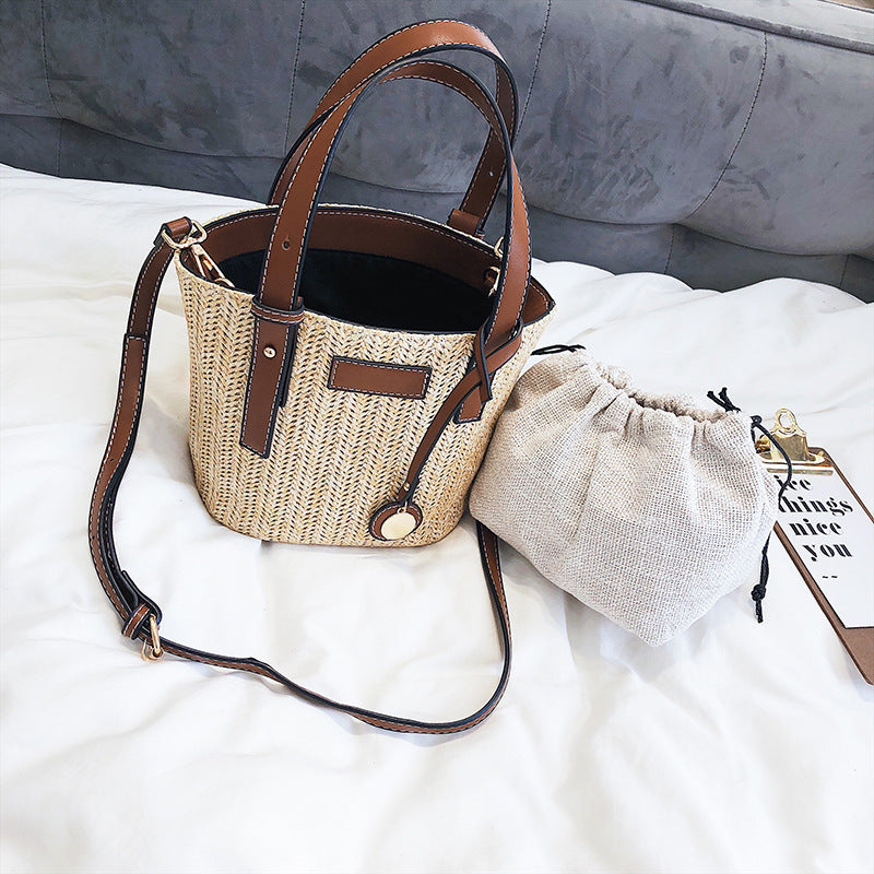 Bucket Bag Fashion Shoulder Bag Trend Contrast Color Bag Summer Western Style Grass Woven Handbag