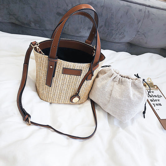 Bucket Bag Fashion Shoulder Bag Trend Contrast Color Bag Summer Western Style Grass Woven Handbag