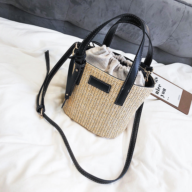 Bucket Bag Fashion Shoulder Bag Trend Contrast Color Bag Summer Western Style Grass Woven Handbag