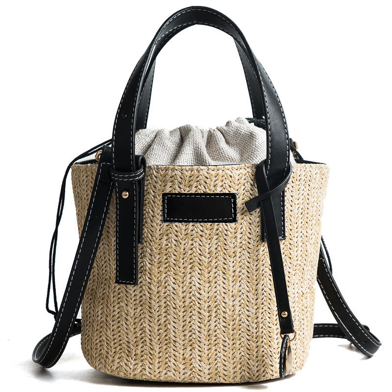Bucket Bag Fashion Shoulder Bag Trend Contrast Color Bag Summer Western Style Grass Woven Handbag