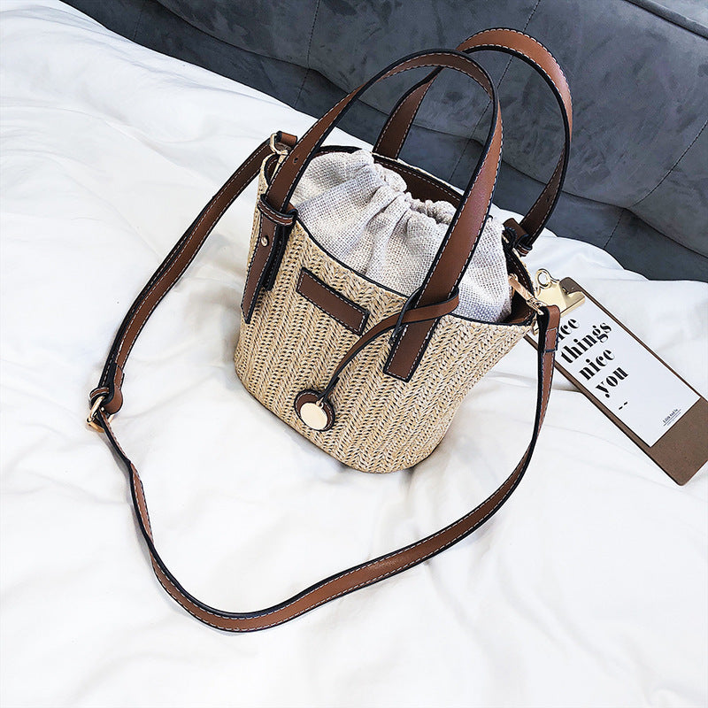 Bucket Bag Fashion Shoulder Bag Trend Contrast Color Bag Summer Western Style Grass Woven Handbag