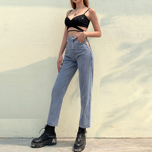 High Waist Hollow Strap Slim Fit Casual All-match Jeans