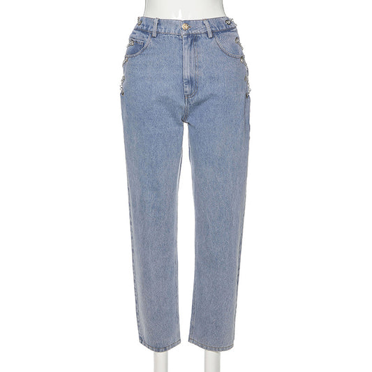 High Waist Hollow Strap Slim Fit Casual All-match Jeans