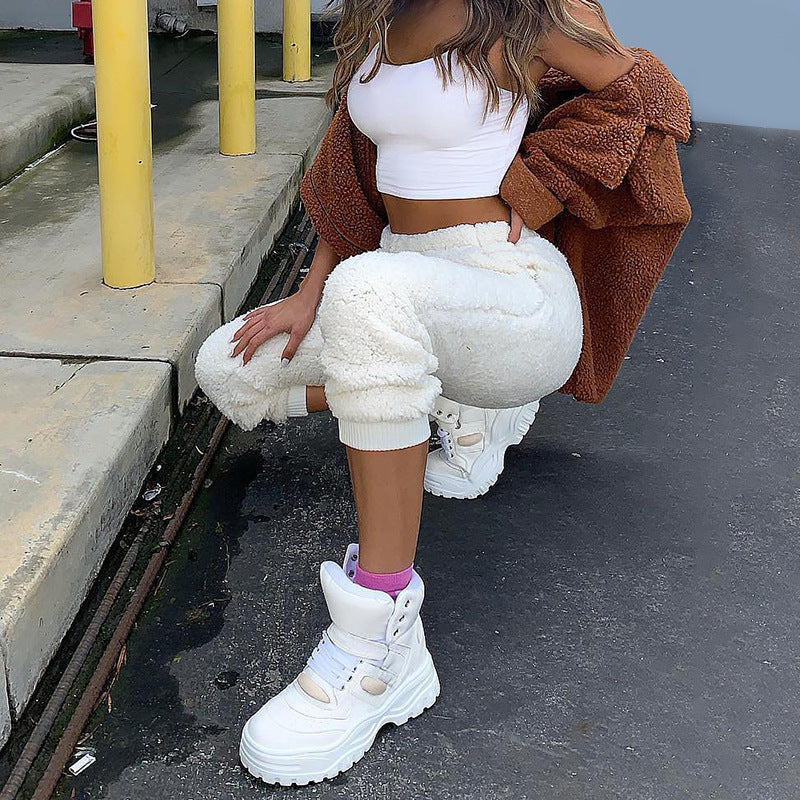 Autumn And Winter Solid Color Waist Pants Women Street Lamb Cashmere Sports Casual Pants