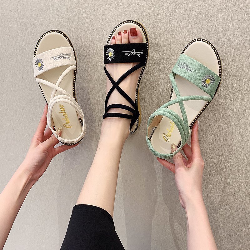 New Korean Style Flat Daisy Small Cross Strap Roman Sandals