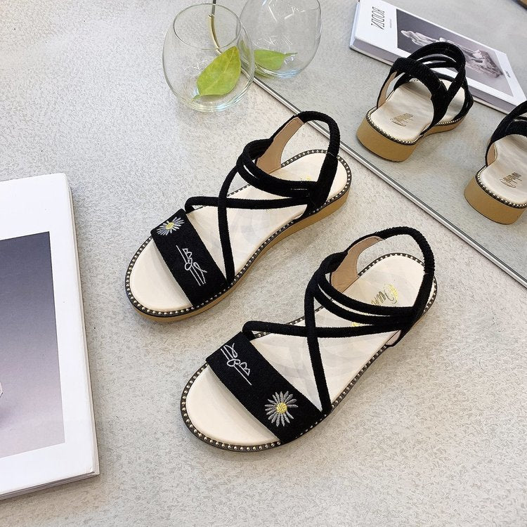 New Korean Style Flat Daisy Small Cross Strap Roman Sandals