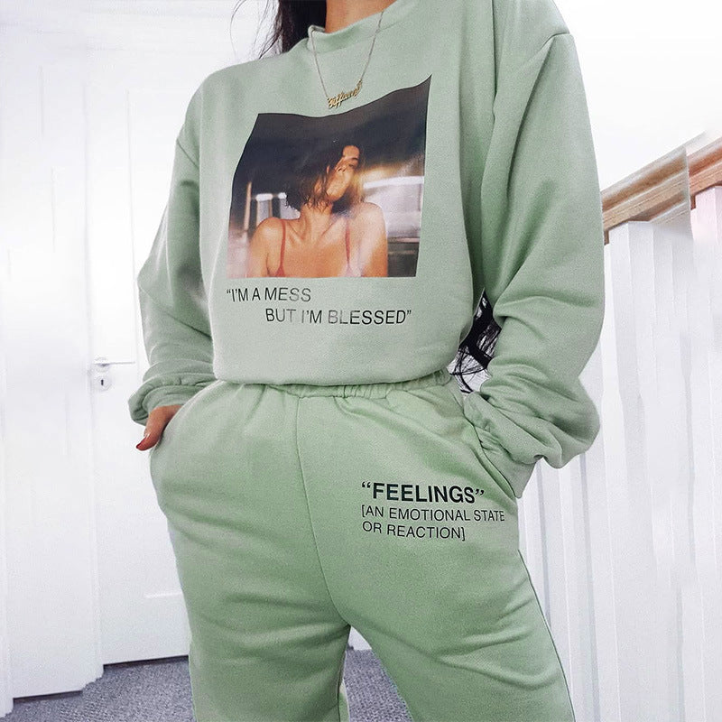 New Solid Color Slim-Fitting Casual Pants Women'S Elastic Waistband Letter Printed Sweatpants